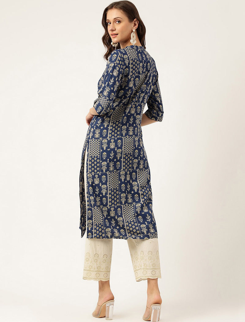 Navy Blue Ethnic Motifs Printed Mandarin Collar Straight Shape Kurta