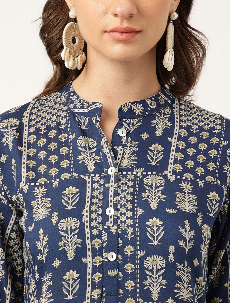 Navy Blue Ethnic Motifs Printed Mandarin Collar Straight Shape Kurta