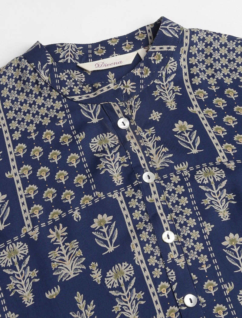 Navy Blue Ethnic Motifs Printed Mandarin Collar Straight Shape Kurta