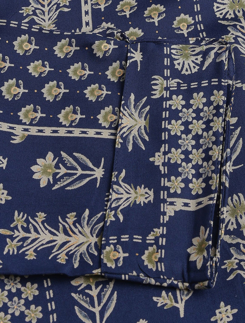 Navy Blue Ethnic Motifs Printed Mandarin Collar Straight Shape Kurta
