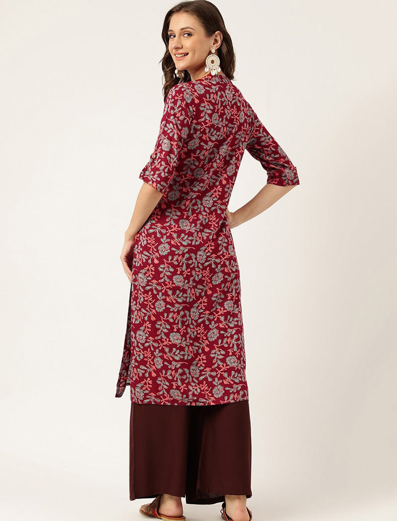 Maroon Women Printed Mandarin Collar Roll-Up Sleeves Kurta