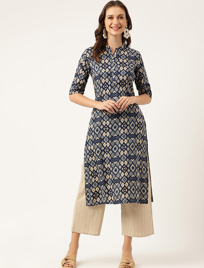 Navy Blue Ethnic Motifs Printed Mandarin Collar Short Regular Sleeves Kurta