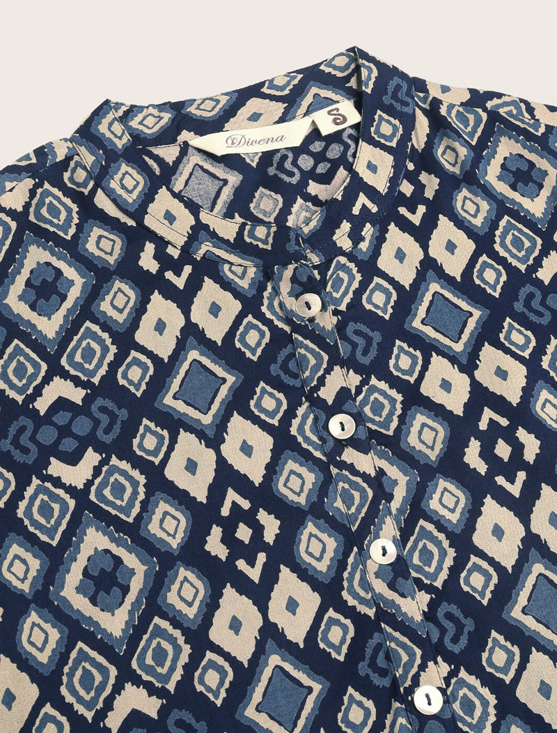 Navy Blue Ethnic Motifs Printed Mandarin Collar Short Regular Sleeves Kurta