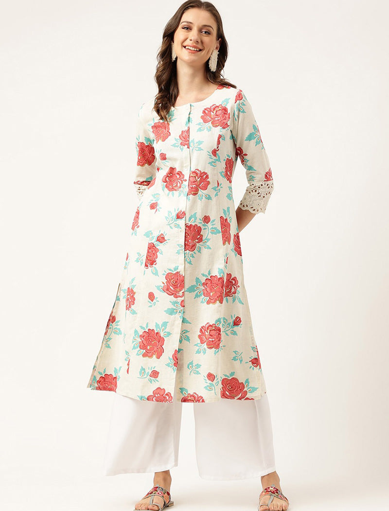 Off White Women Floral Printed Lace Detail A-Line Cotton Regular Sleeves Kurta