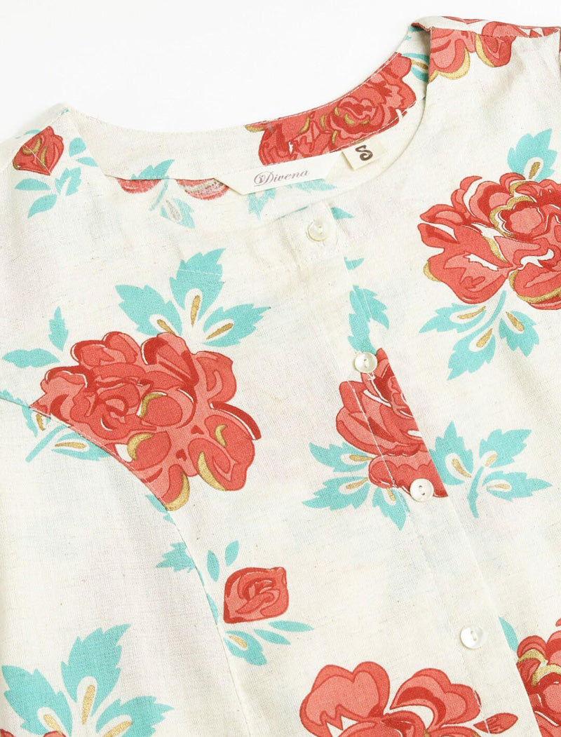 Off White Women Floral Printed Lace Detail A-Line Cotton Regular Sleeves Kurta