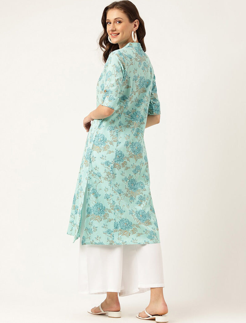 Sea Green Women Floral Printed Roll-Up Sleeves A-Line Cotton Kurta