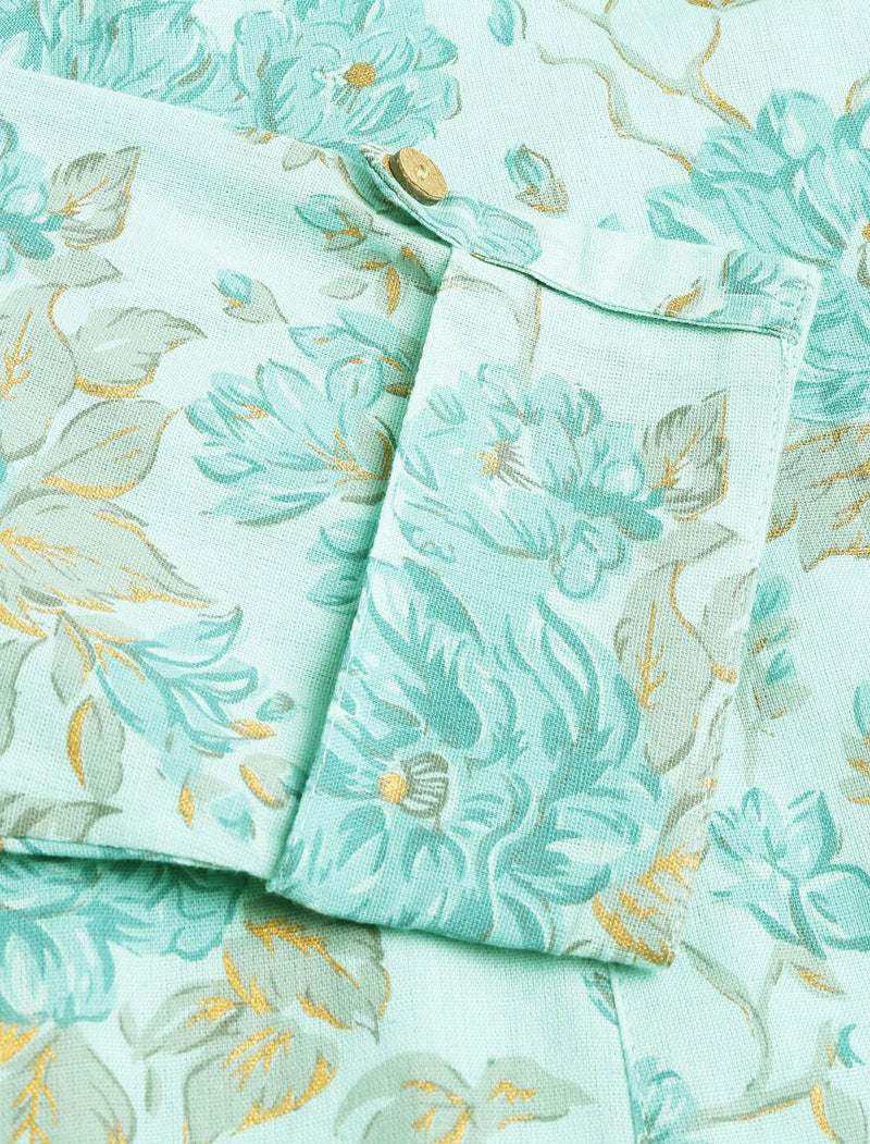 Sea Green Women Floral Printed Roll-Up Sleeves A-Line Cotton Kurta