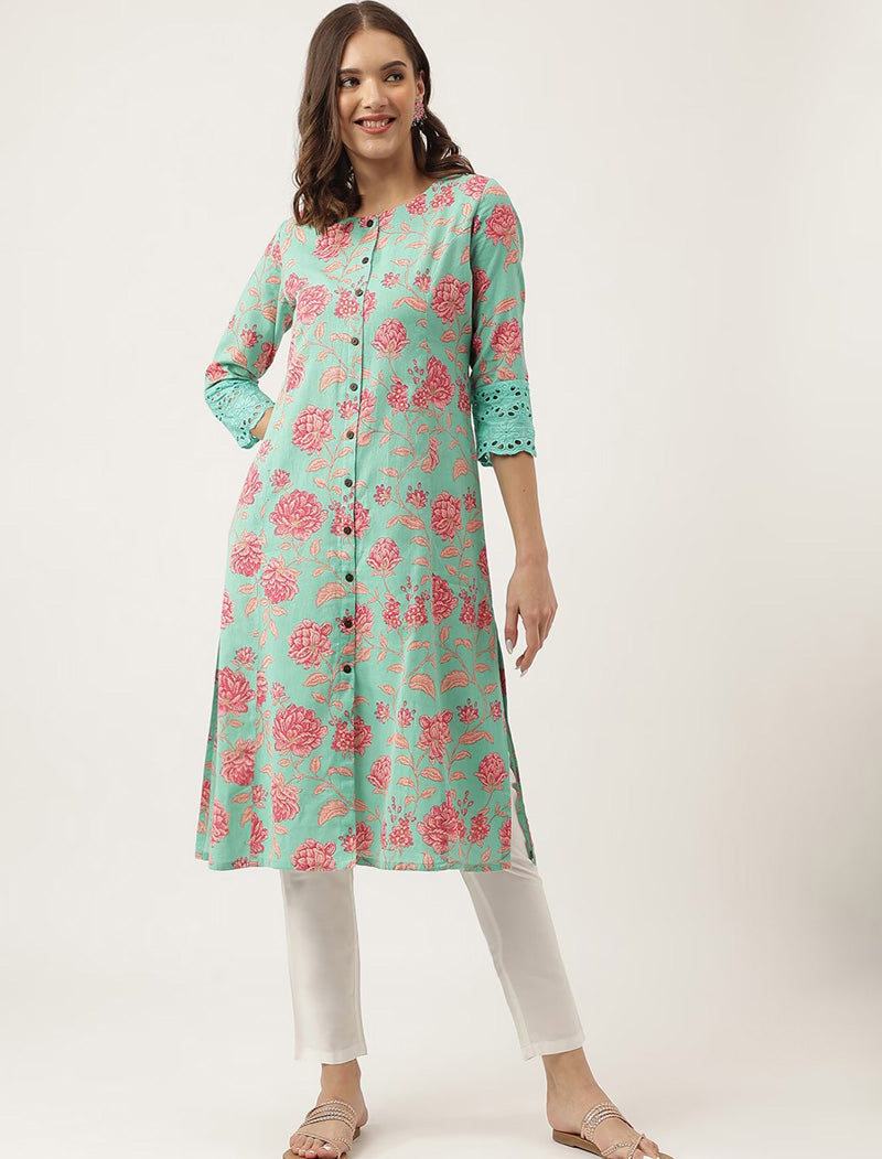 Green Women Floral Printed Panelled Cotton Round Neck Kurta
