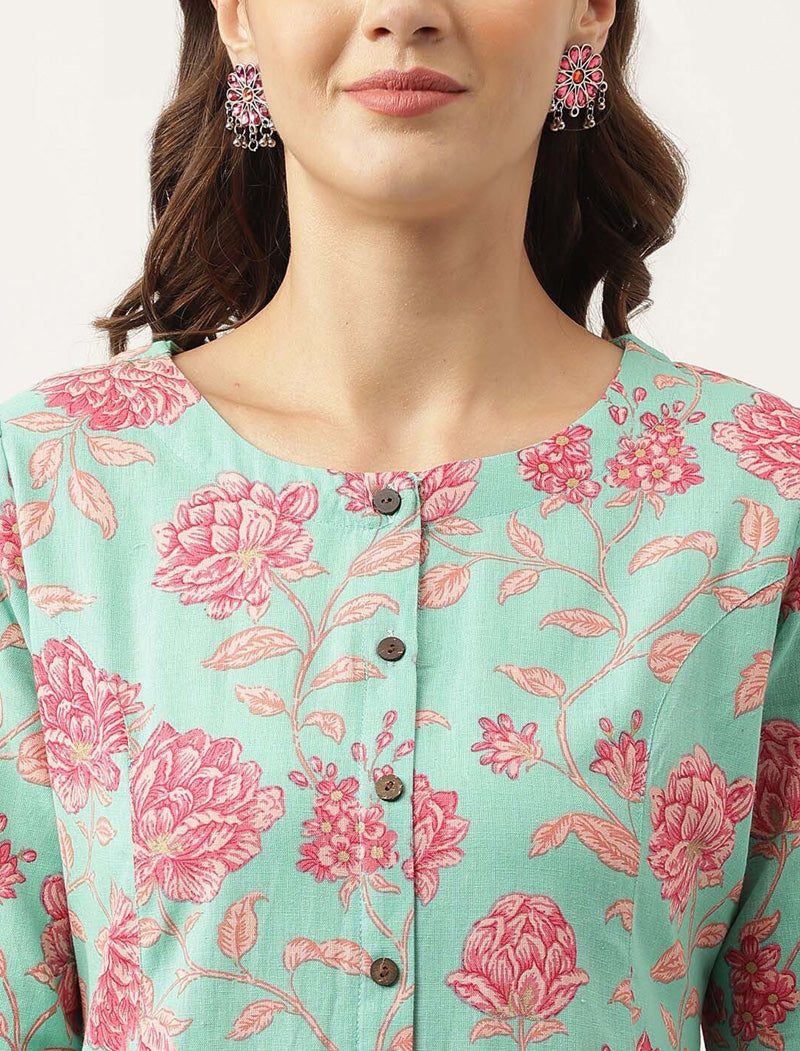 Green Women Floral Printed Panelled Cotton Round Neck Kurta