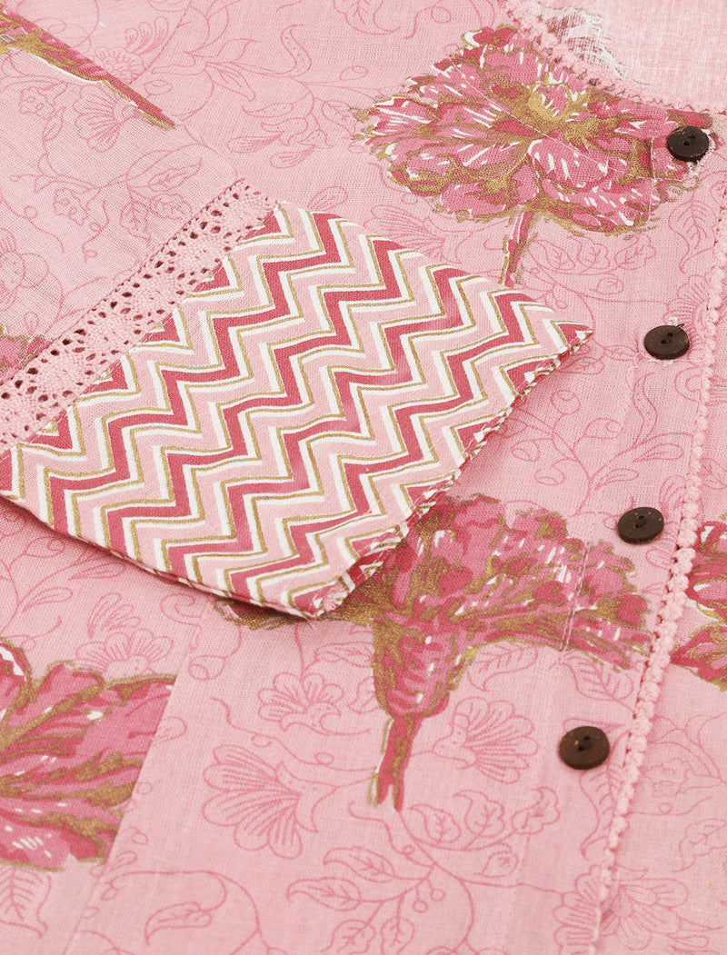 Pink Women Floral Printed Panelled A-line Shape Cotton Kurta