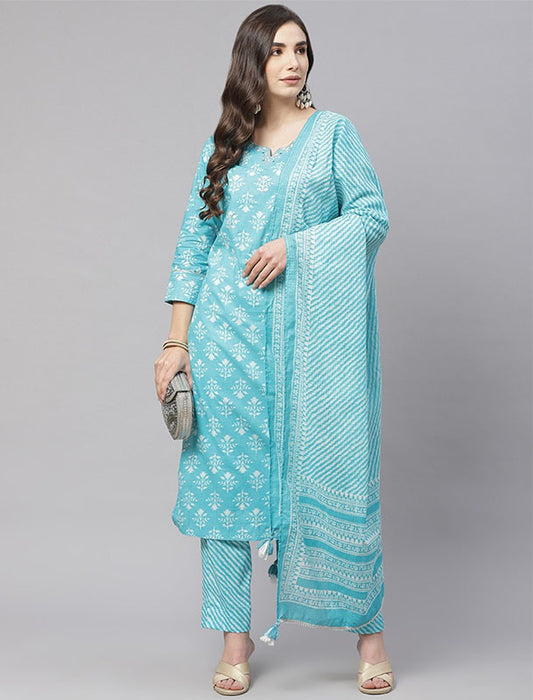 Buy Women Turquoise Blue Printed Kurta with Trousers And Dupatta | Free Hand-Beaded Unicorn Patch ₹572