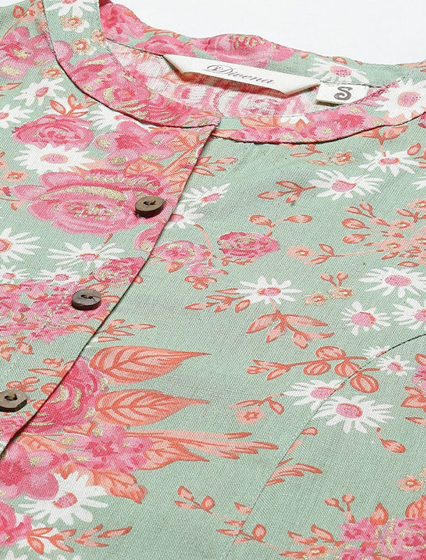Green Printed Floral Ethnic Kurta For Women