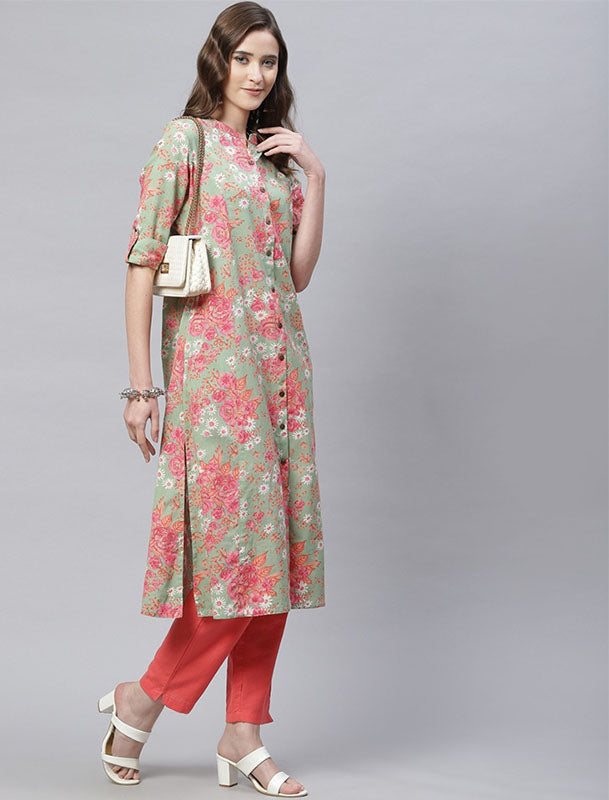 Green Printed Floral Ethnic Kurta For Women
