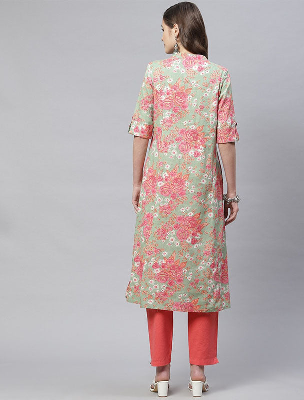 Green Printed Floral Ethnic Kurta For Women
