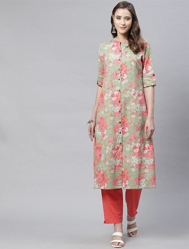 Green Printed Floral Ethnic Kurta For Women