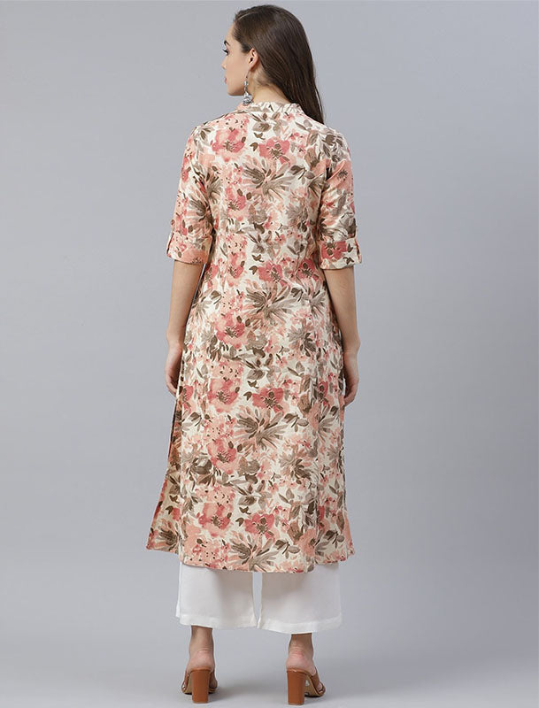 Cream & Peach Coloured Pure Cotton A Line Divena Kurta For Women