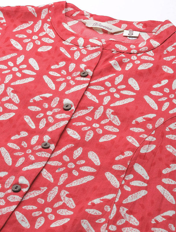 Red & Off White Ethnic Motifs Printed Pure Cotton Divena Kurta For Women