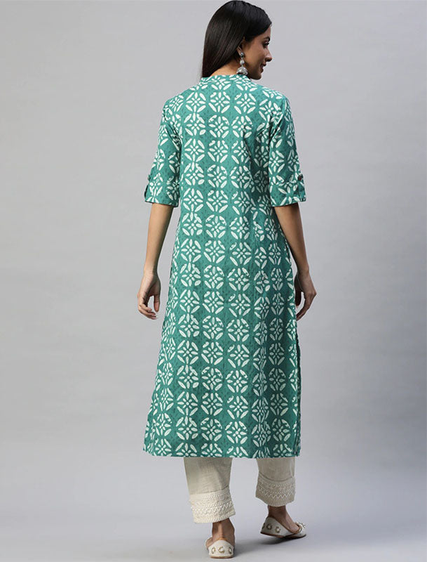 Green & Off White Ethnic Motifs Printed Pure Cotton Divena Kurta For Women
