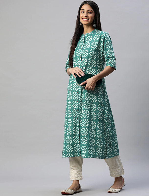 Green & Off White Ethnic Motifs Printed Pure Cotton Divena Kurta For Women