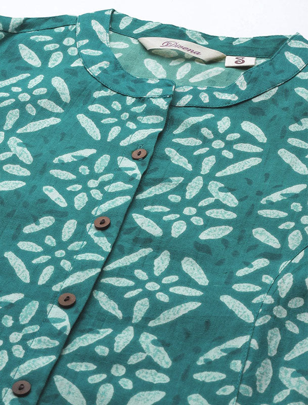 Green & Off White Ethnic Motifs Printed Pure Cotton Divena Kurta For Women