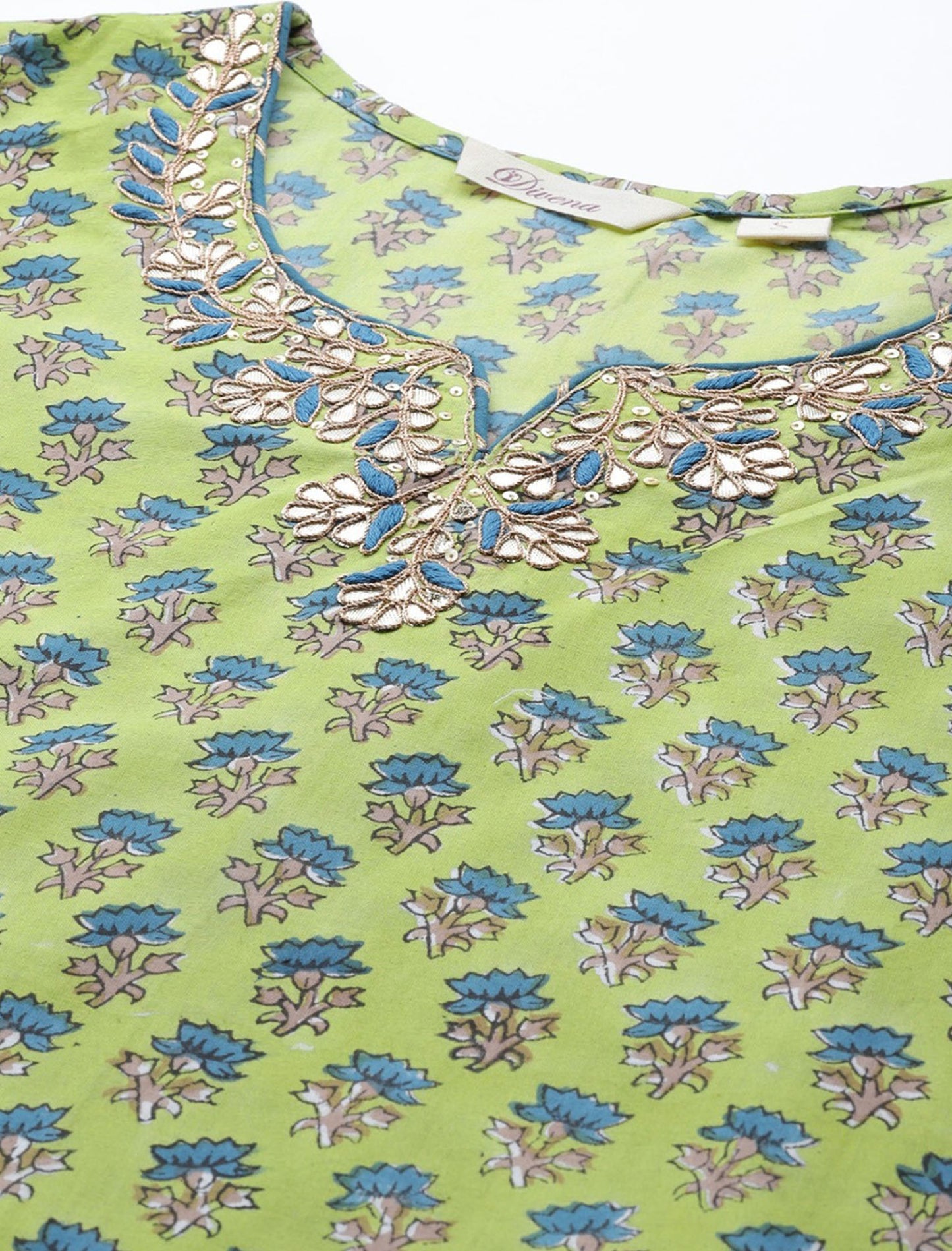 Green & Blue Cotton Kurta With Printed Trousers & Dupatta Ethnic Kurtas set For Women