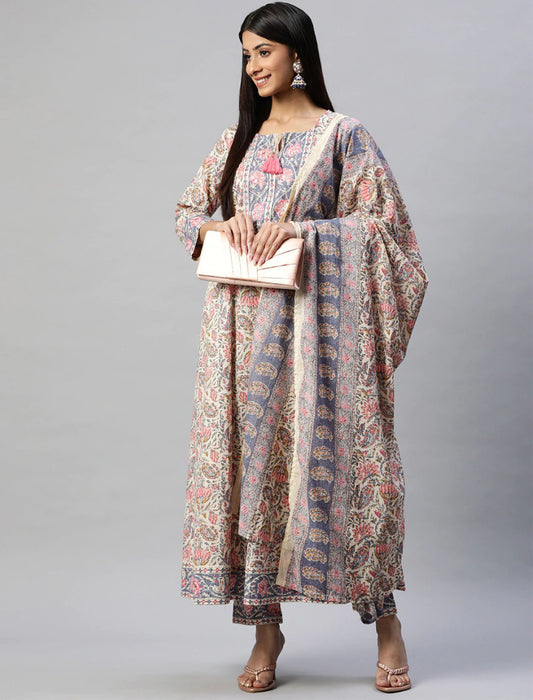 Cream & Blue Cotton Kurta Set with Ethnic motifs Trousers & Dupatta Kurats Set For Women