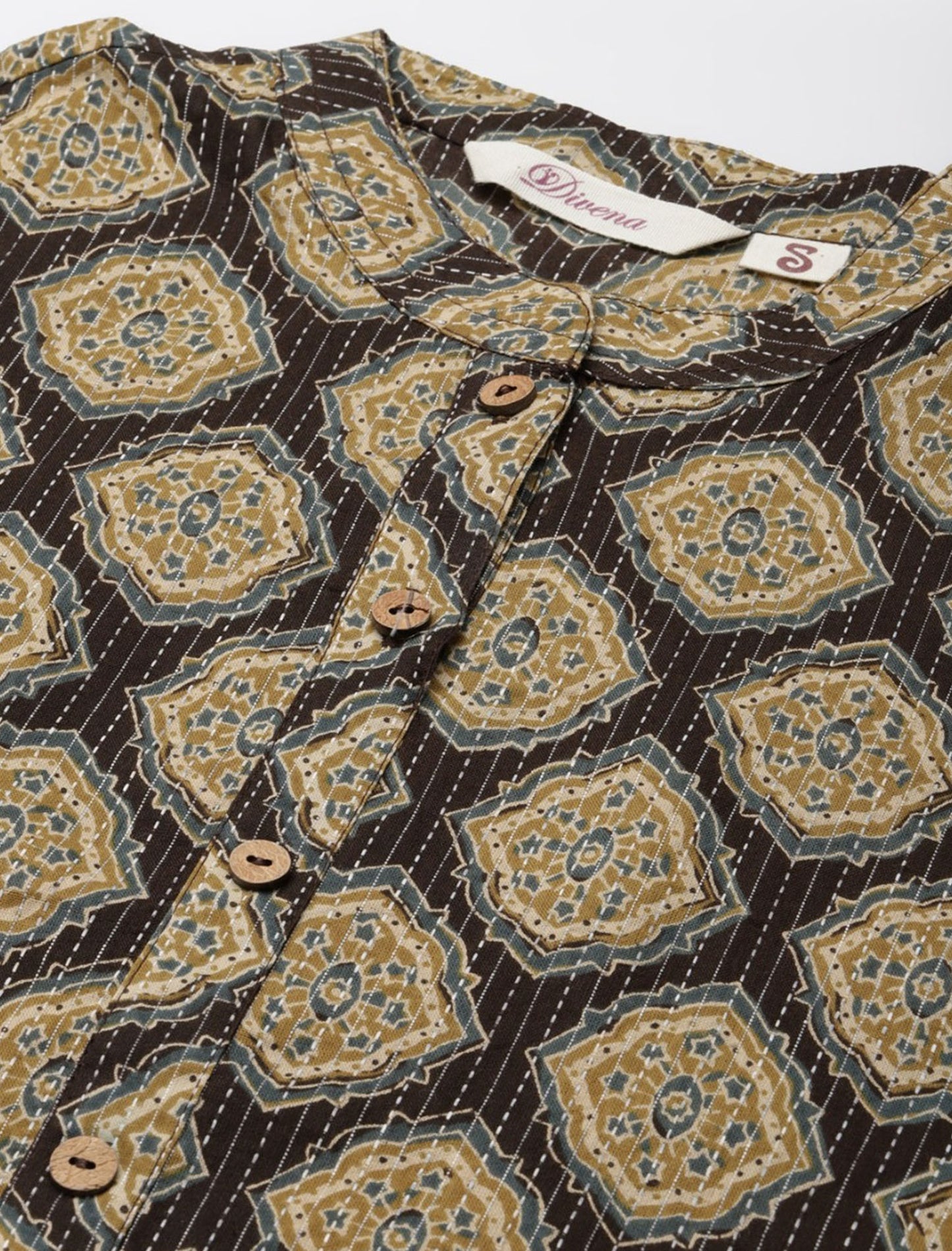 Black & Olive Green Ethnic Motifs Printed Cotton Divena Kurta For Women