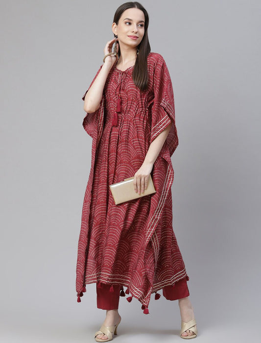 Maroon striped Divena Kurta with Trousers | Free Hand-Beaded Unicorn Patch ₹572