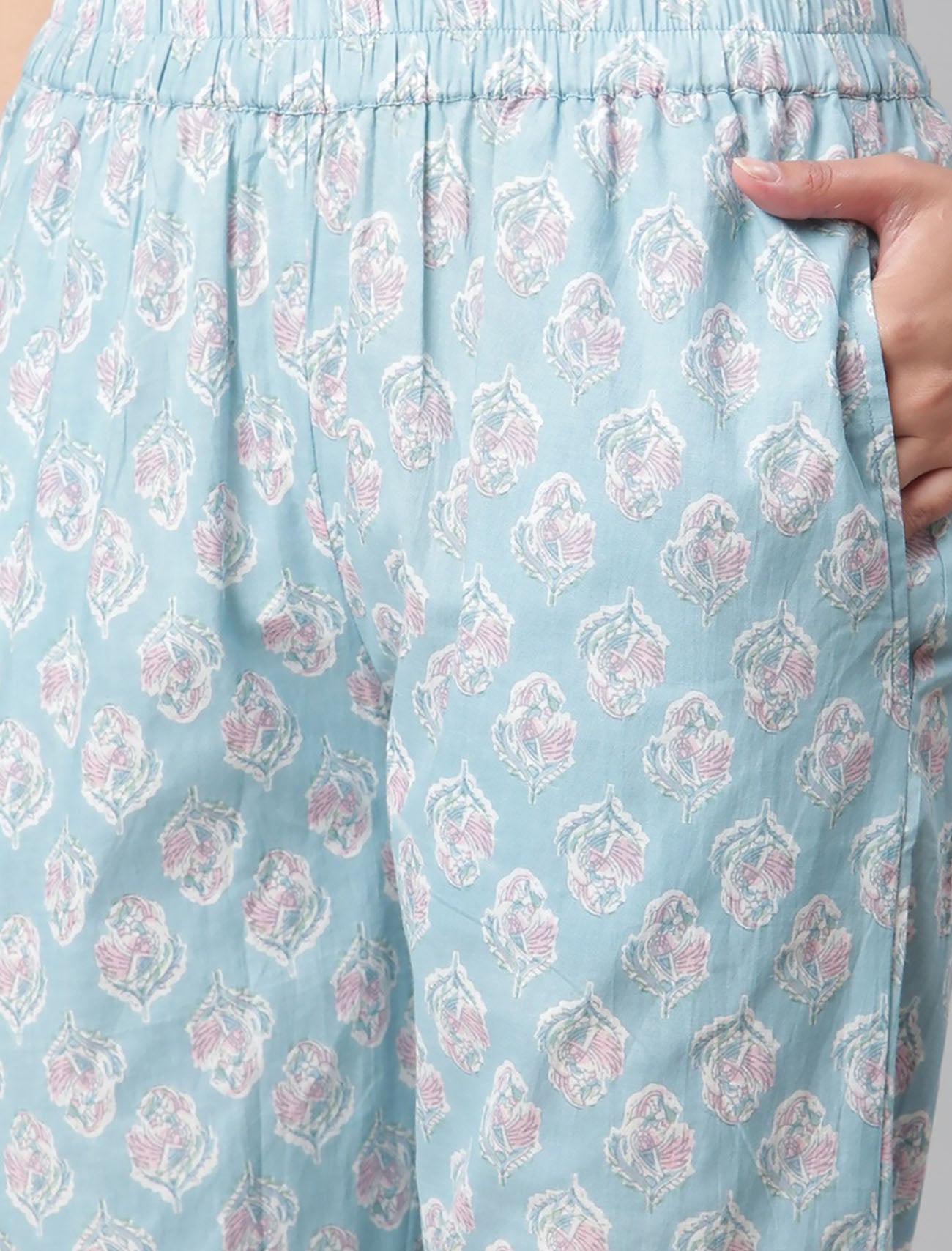 Turquoise Blue Cotton Ethnic Women Kurta Set With Printed Trousers