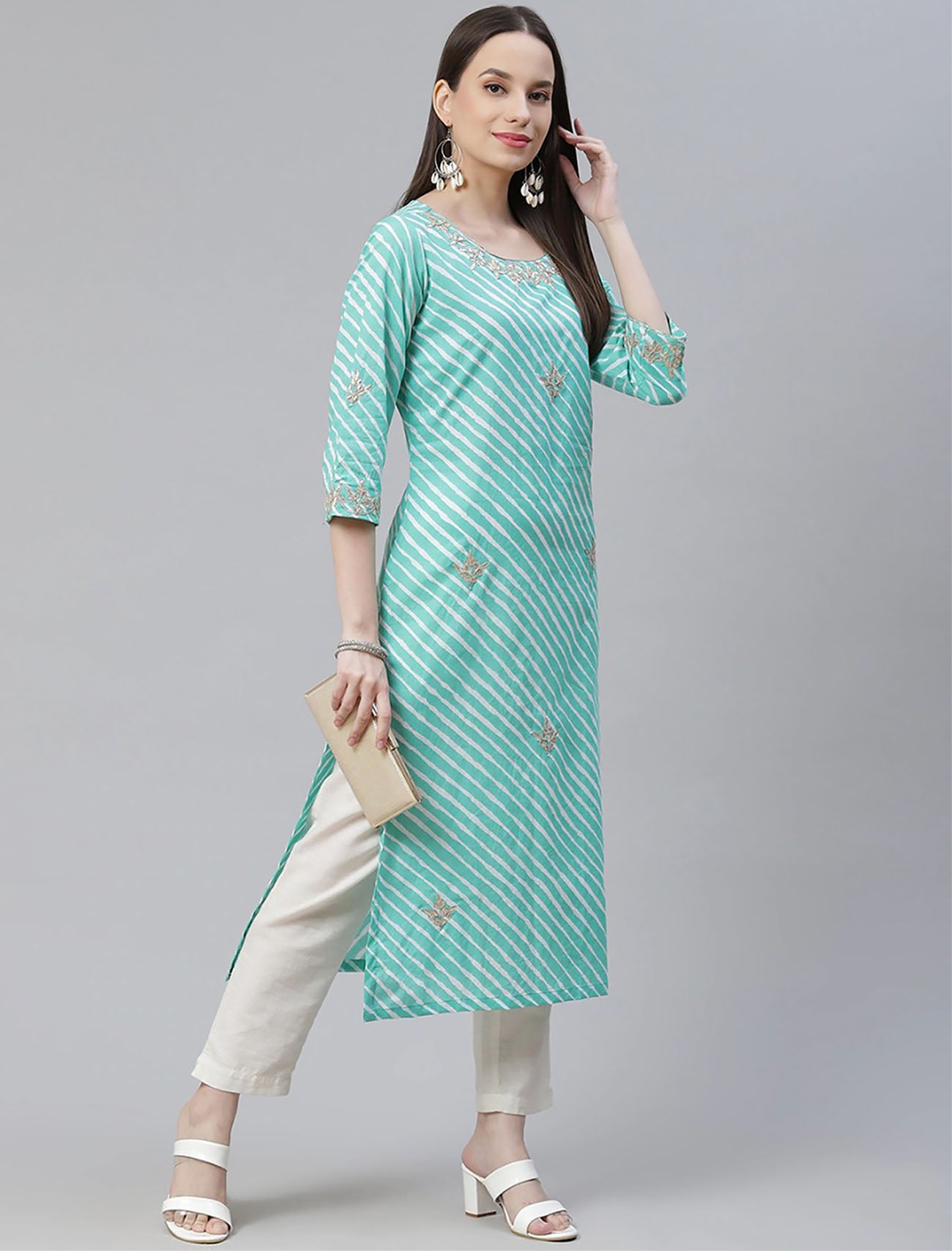 Green Leheriya Printed Gotta Patti Ethnic Kurta For Women