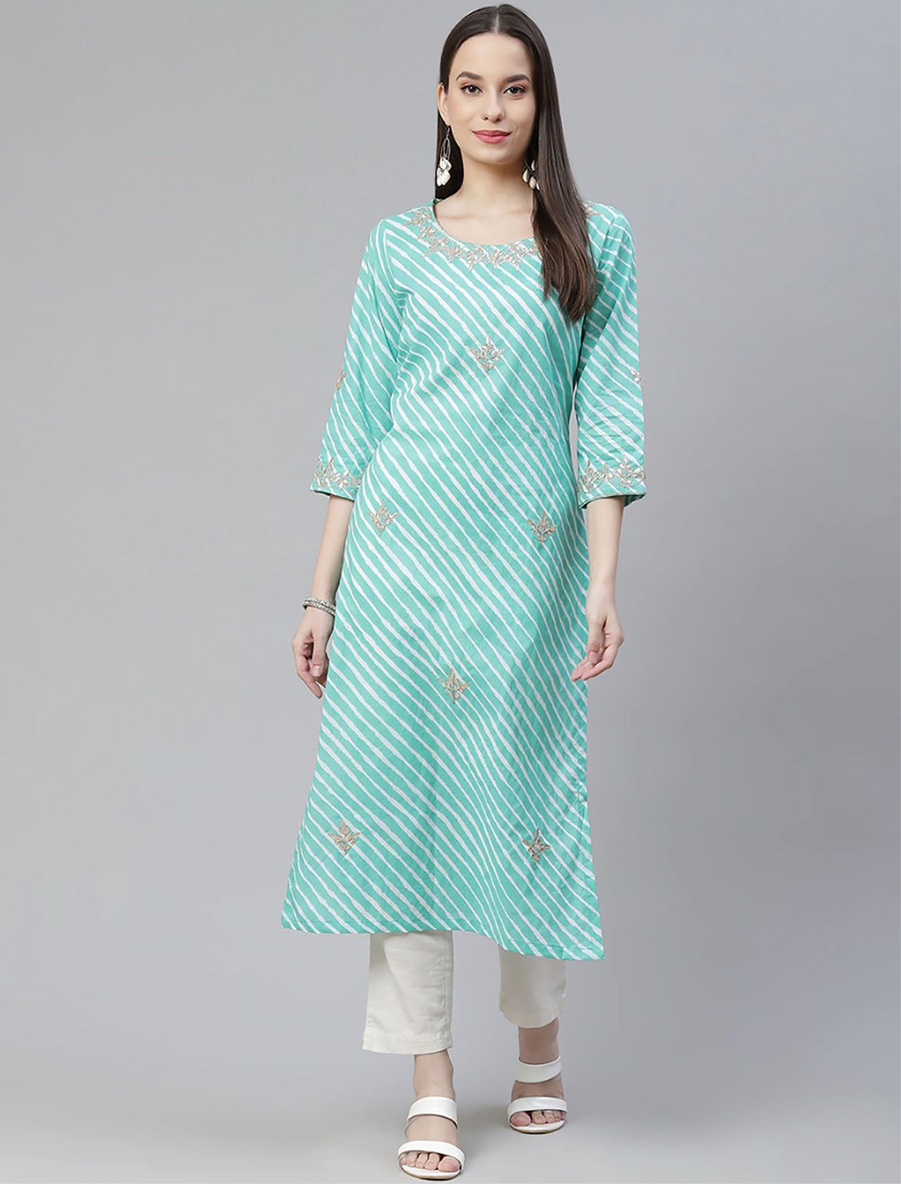 Green Leheriya Printed Gotta Patti Ethnic Kurta For Women