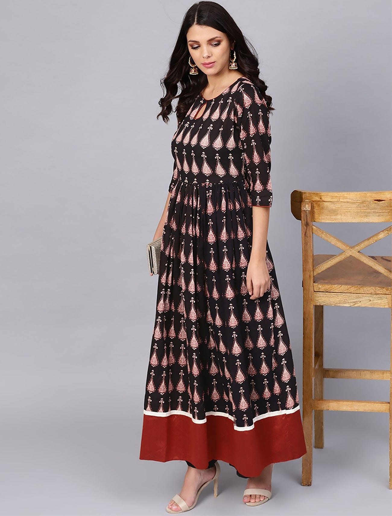 Black & Red Printed Anarkali Divena Kurta For Women