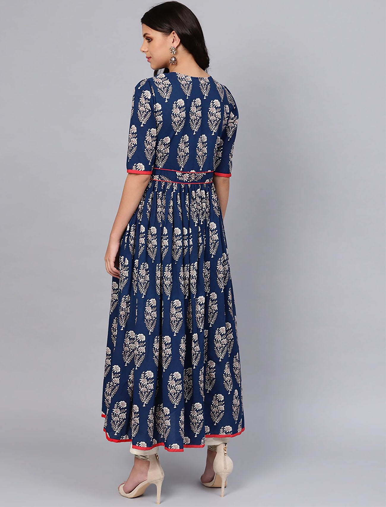 Navy and Off-White Printed Anarkali Ethnic Kurta For Women