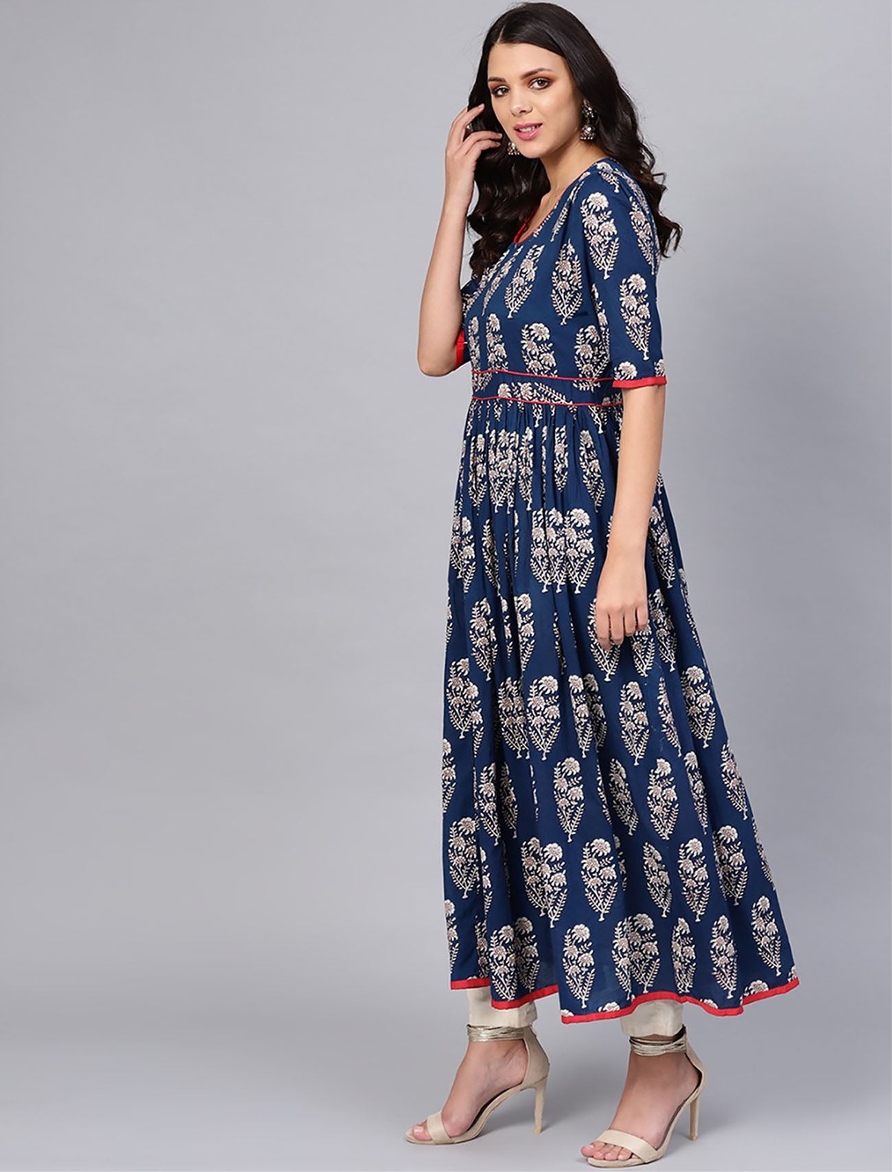 Navy and Off-White Printed Anarkali Ethnic Kurta For Women