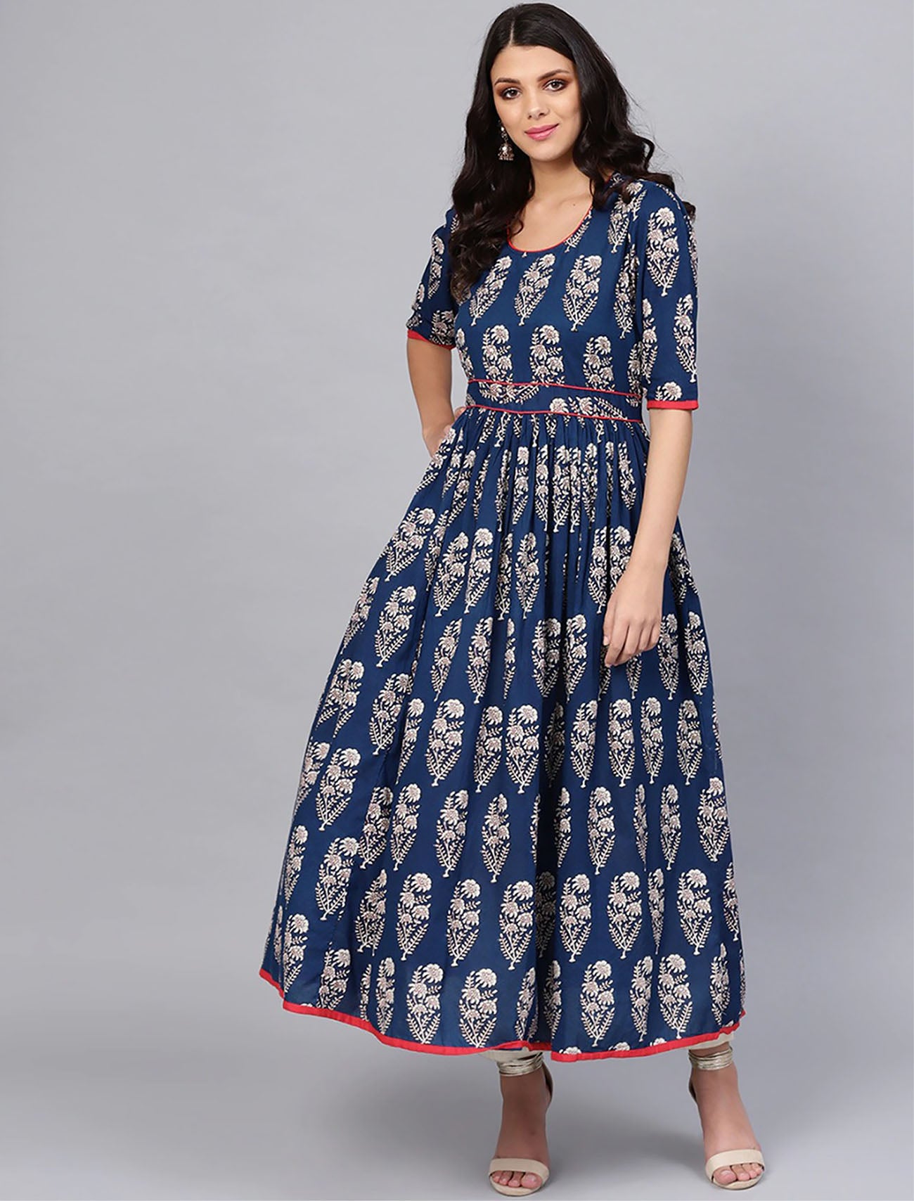 Navy and Off-White Printed Anarkali Ethnic Kurta For Women