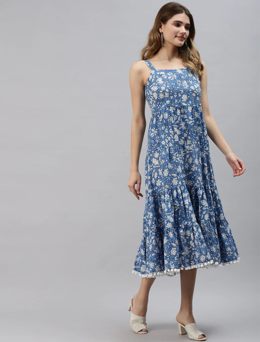 Blue and White Ethnic Motifs Print A-Line Divena Dress For Women