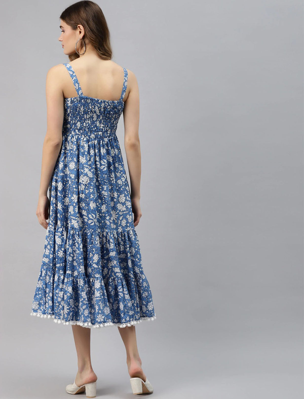 Blue Ethnic Motifs Print A-Line Party Wear Dress For Women