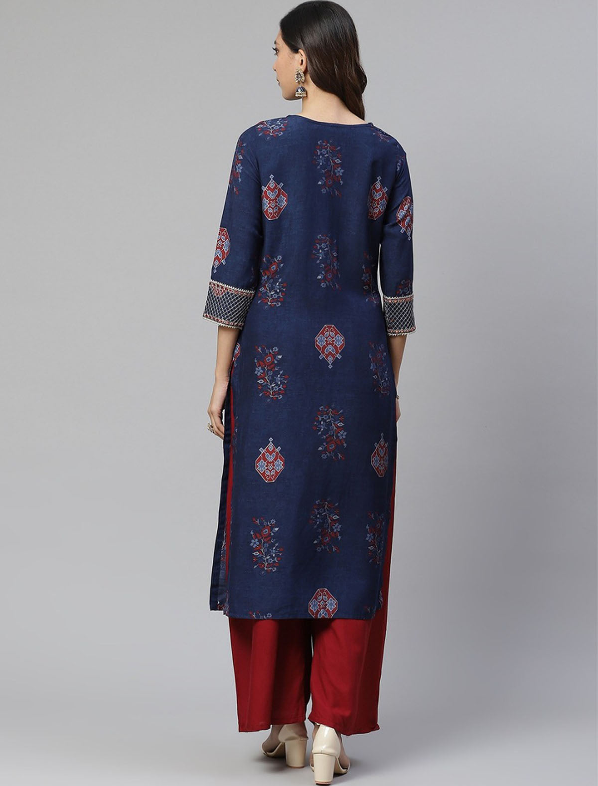 Navy Blue & Red Printed Divena Kurta For Women