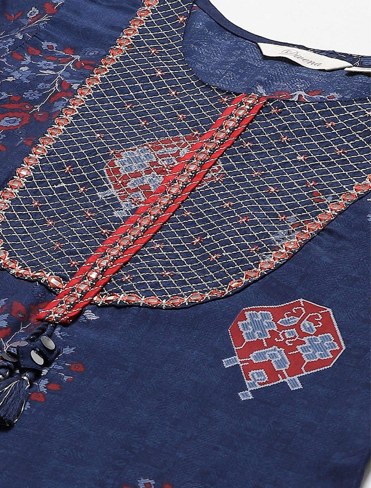 Navy Blue & Red Printed Divena Kurta For Women