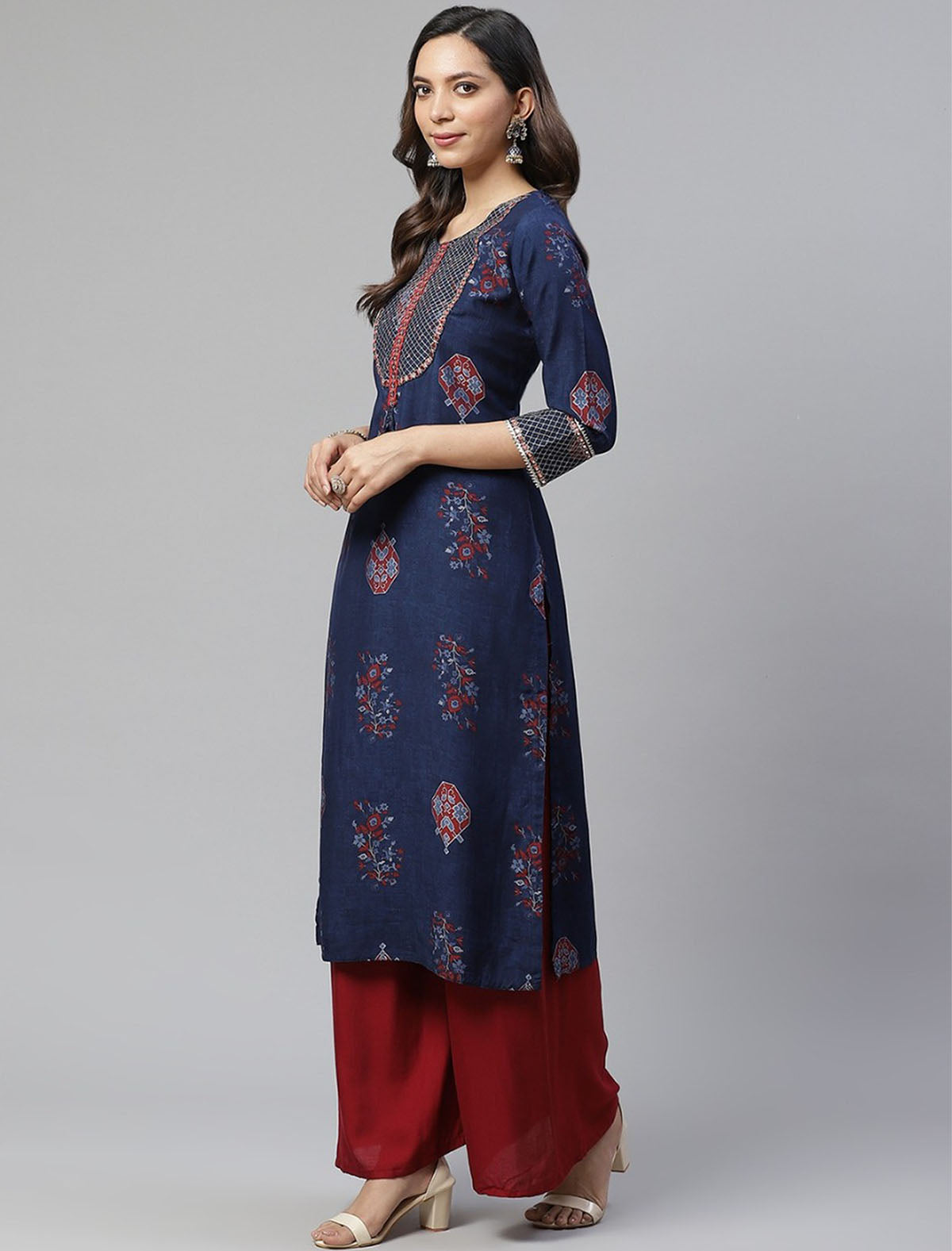 Navy Blue & Red Printed Divena Kurta For Women
