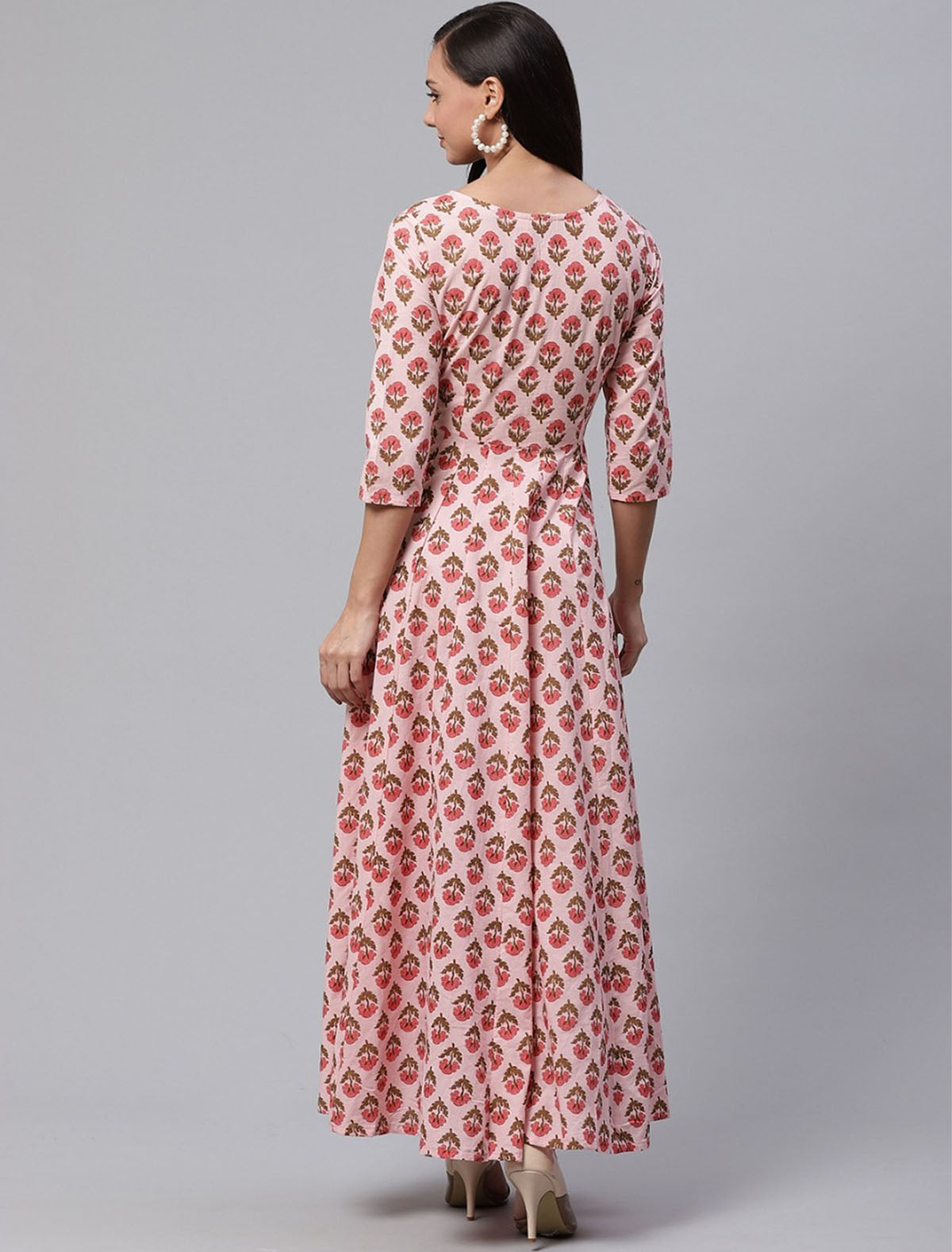 Pink and Olive Brown Printed Anarkali Ethnic Kurta For Women