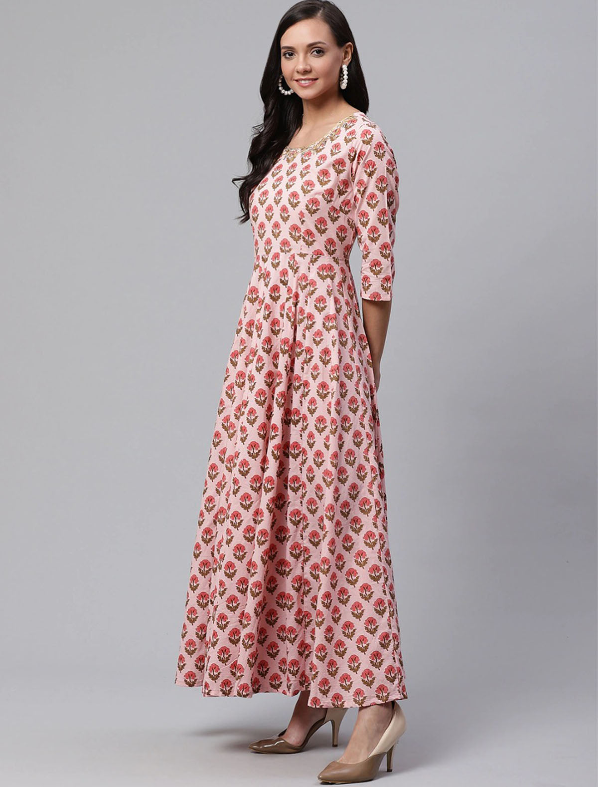 Pink and Olive Brown Printed Anarkali Ethnic Kurta For Women