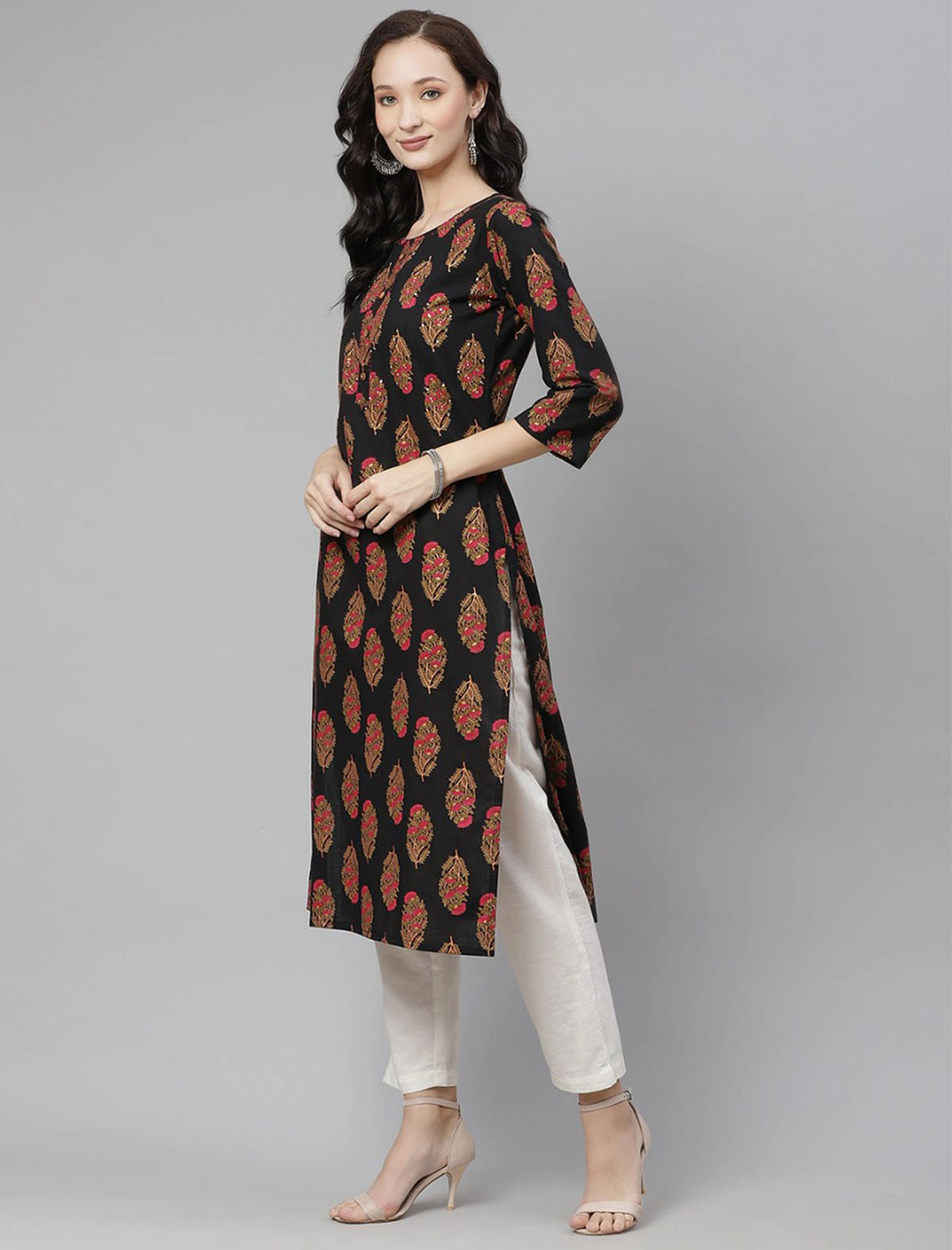 Black Paisley Printed Ethnic Cotton Straight Kurta