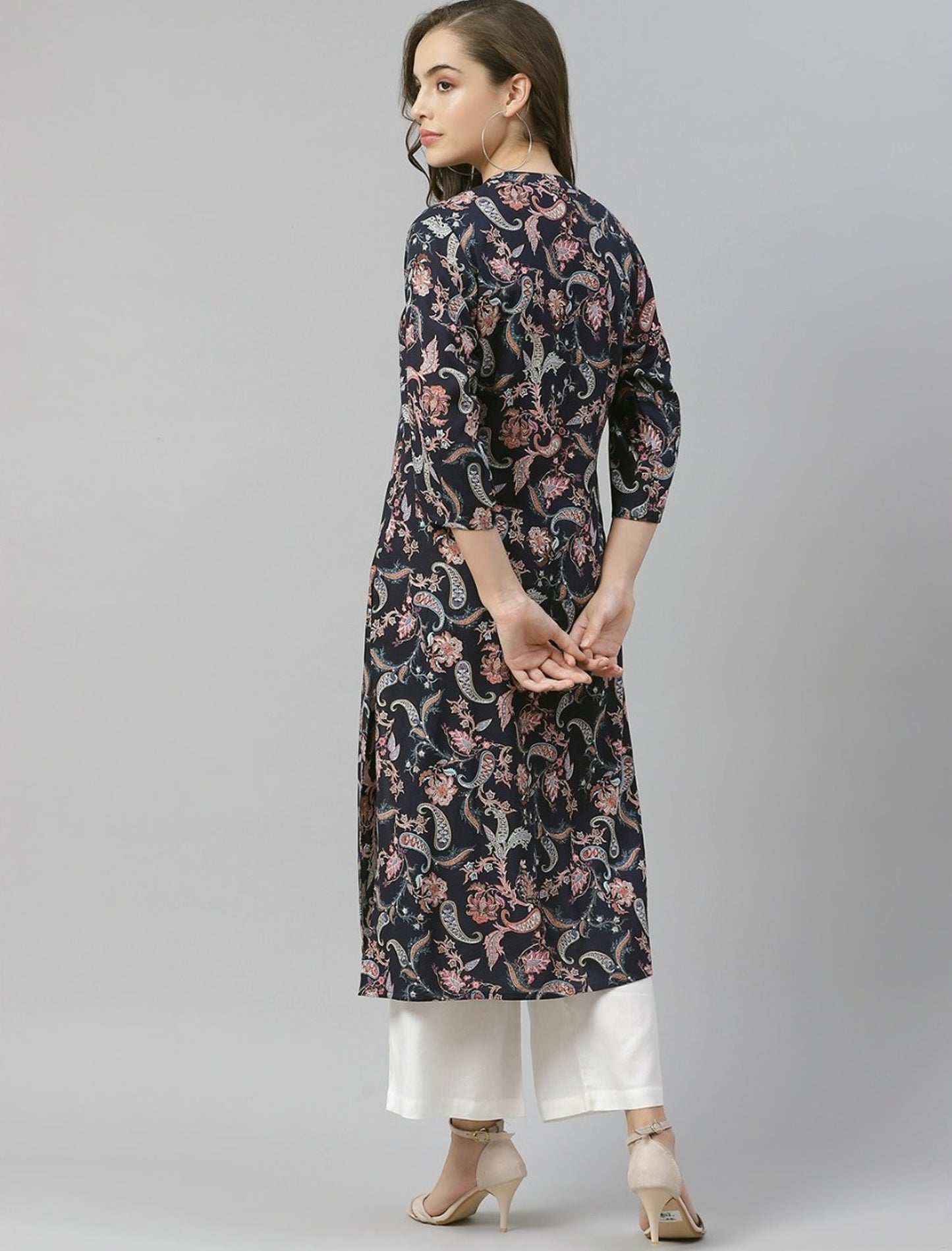 Navy Blue Ethnic Motifs Print Ethnic Kurta For Women