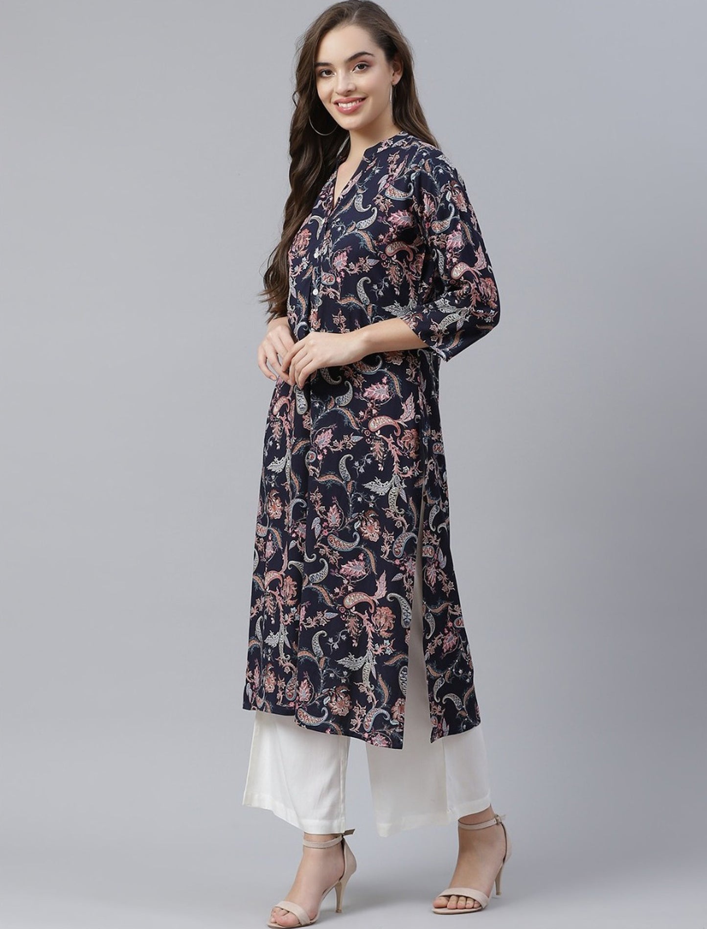 Navy Blue Ethnic Motifs Print Ethnic Kurta For Women