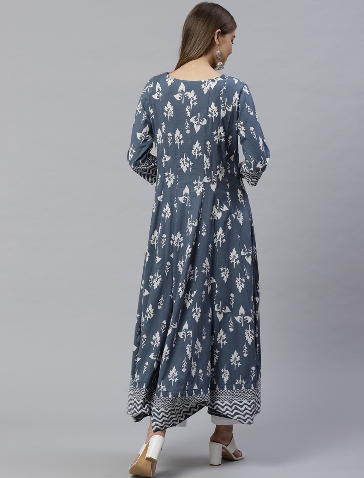 Grey and White Printed Anarkali Divena Kurta For Women