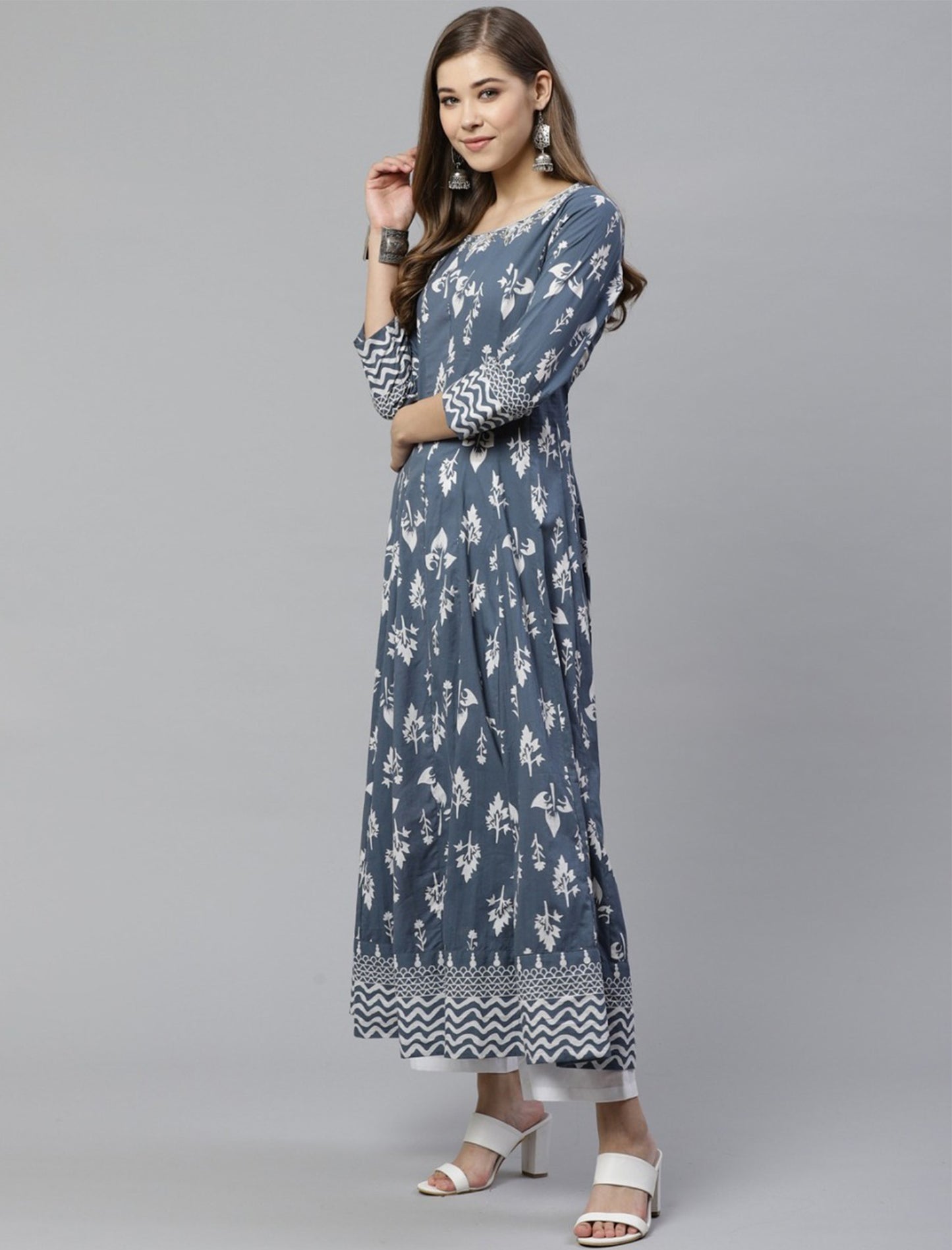 Grey and White Printed Anarkali Divena Kurta For Women