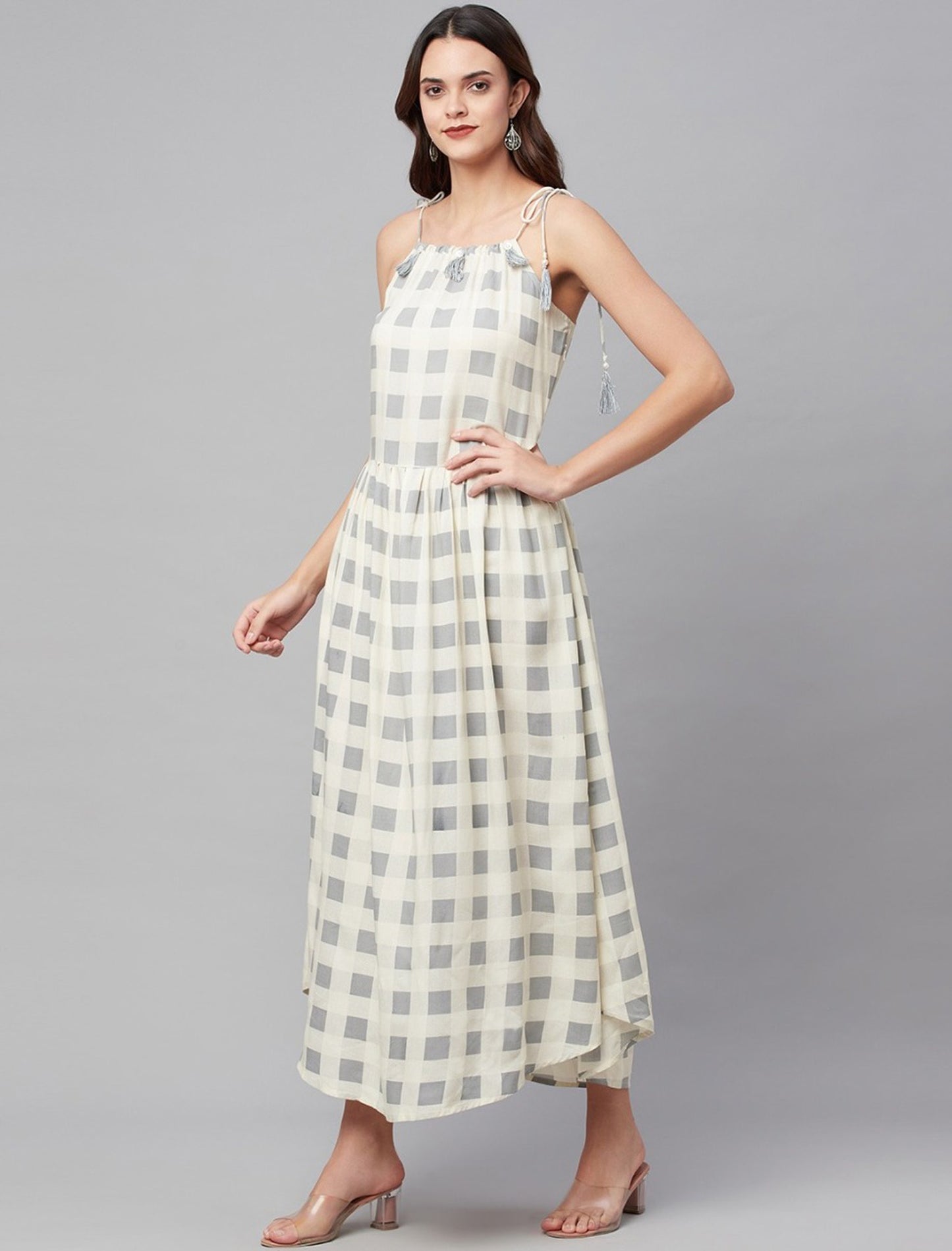 Party Wear Off White & Grey Checked Midi Dress For Women