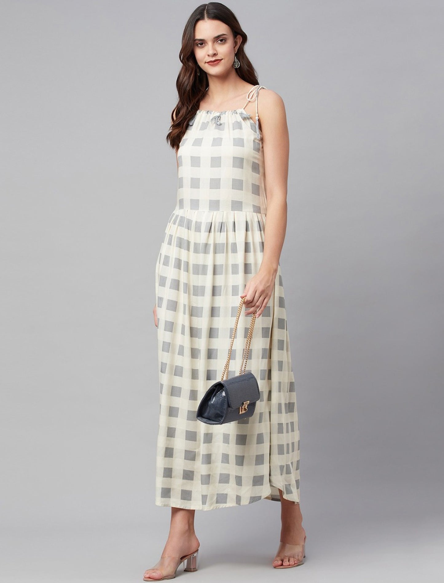 Party Wear Off White & Grey Checked Midi Dress For Women