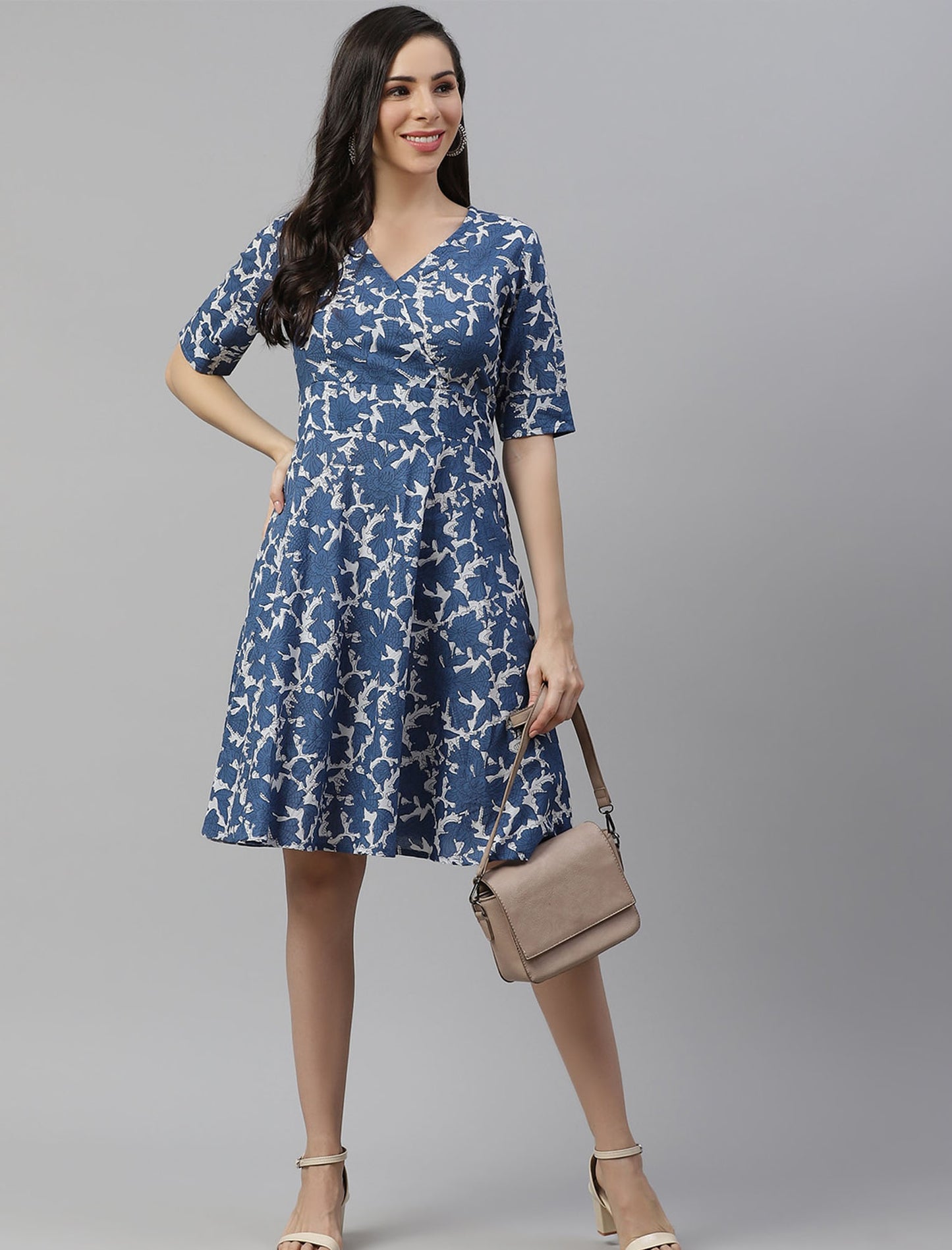 Blue & White Pure Cotton Party Wear Dress For Women